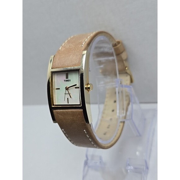 Timex Indiglo Womens Tank Cuff Watch MOP Dial Gold Tone Quartz New Battery Tan main image 9